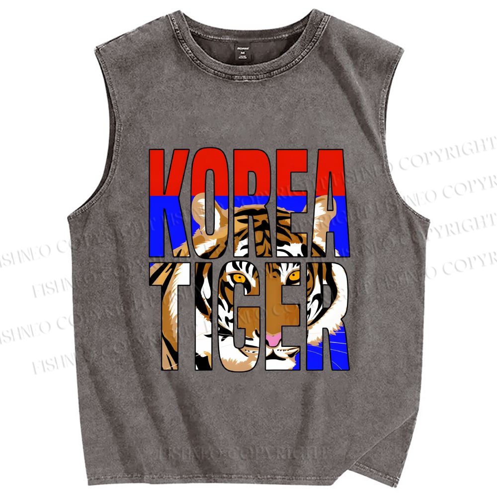 Unisex Korea Tiger Printed Washed Tank Top