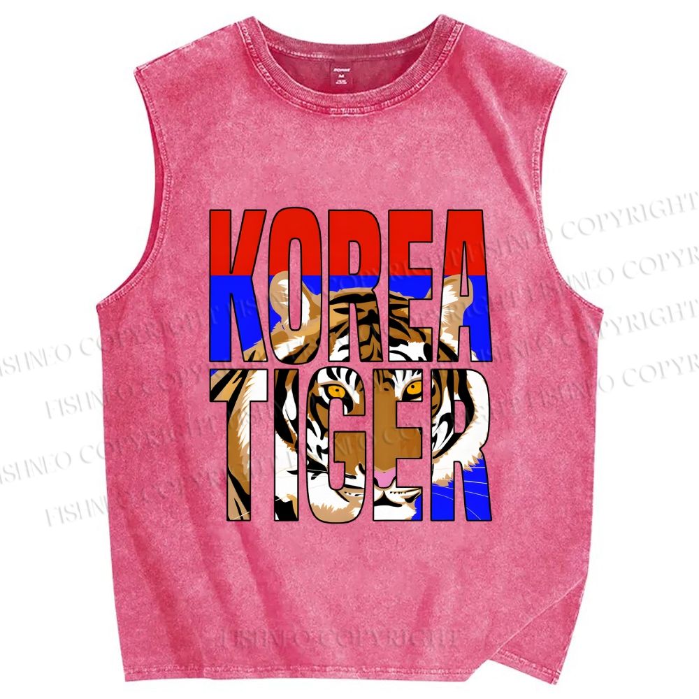 Unisex Korea Tiger Printed Washed Tank Top