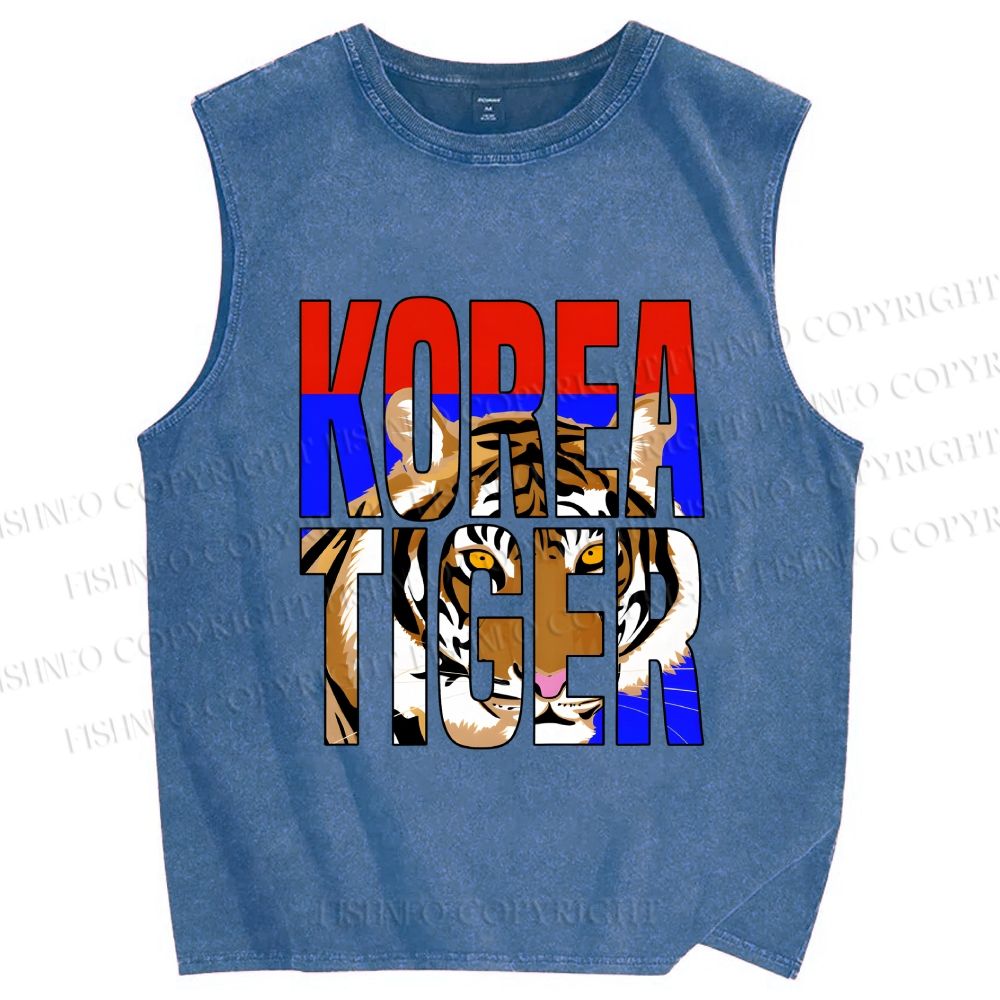 Unisex Korea Tiger Printed Washed Tank Top