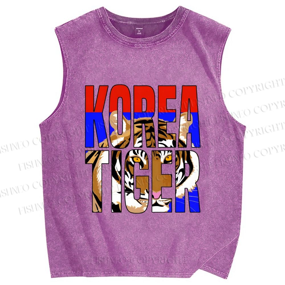 Unisex Korea Tiger Printed Washed Tank Top