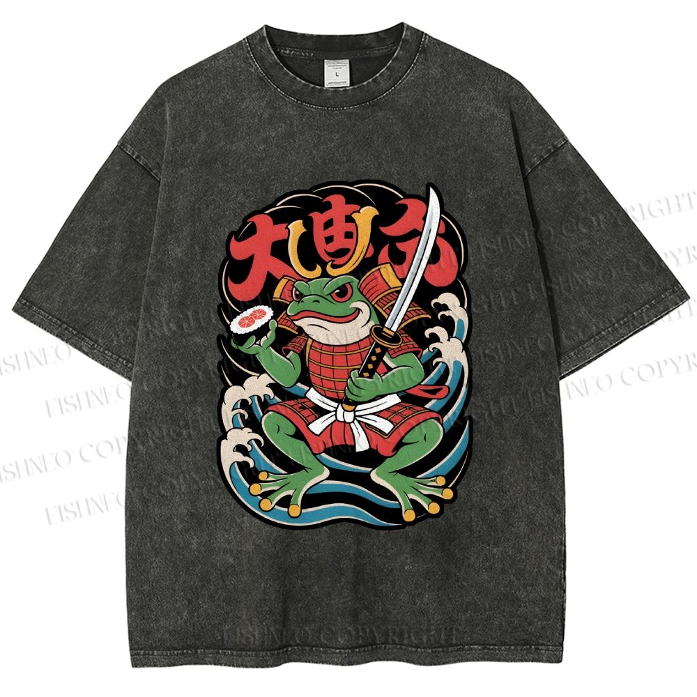 Unisex Vintage Frog Samurai Printed Washed Tee
