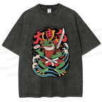 Unisex Vintage Frog Samurai Printed Washed Tee