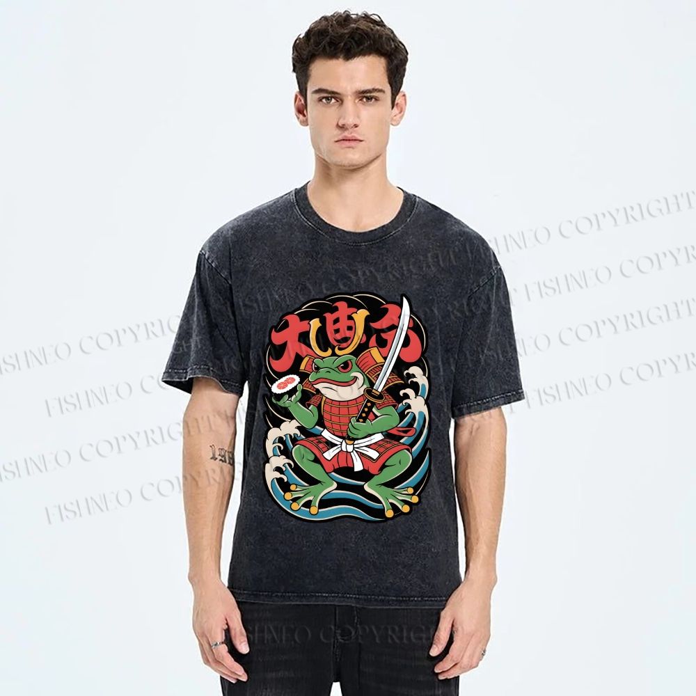 Unisex Vintage Frog Samurai Printed Washed Tee