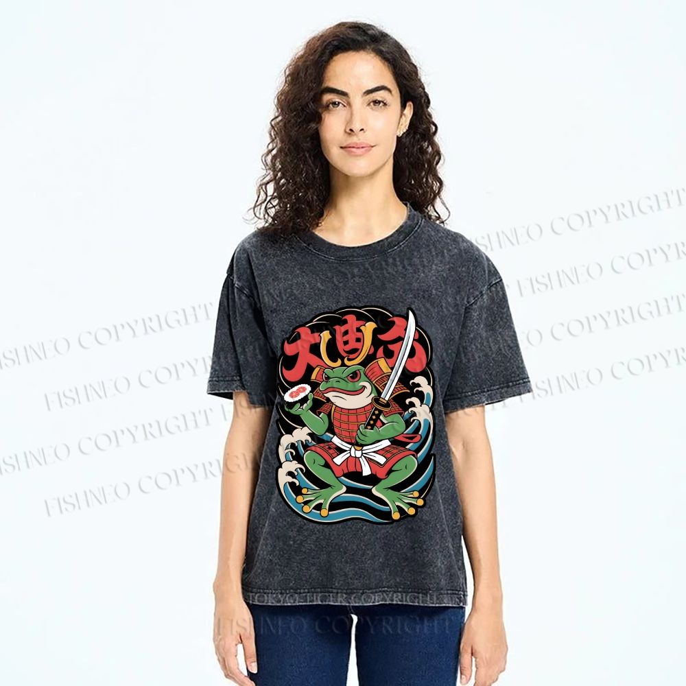 Unisex Vintage Frog Samurai Printed Washed Tee