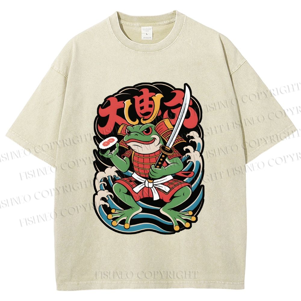 Unisex Vintage Frog Samurai Printed Washed Tee