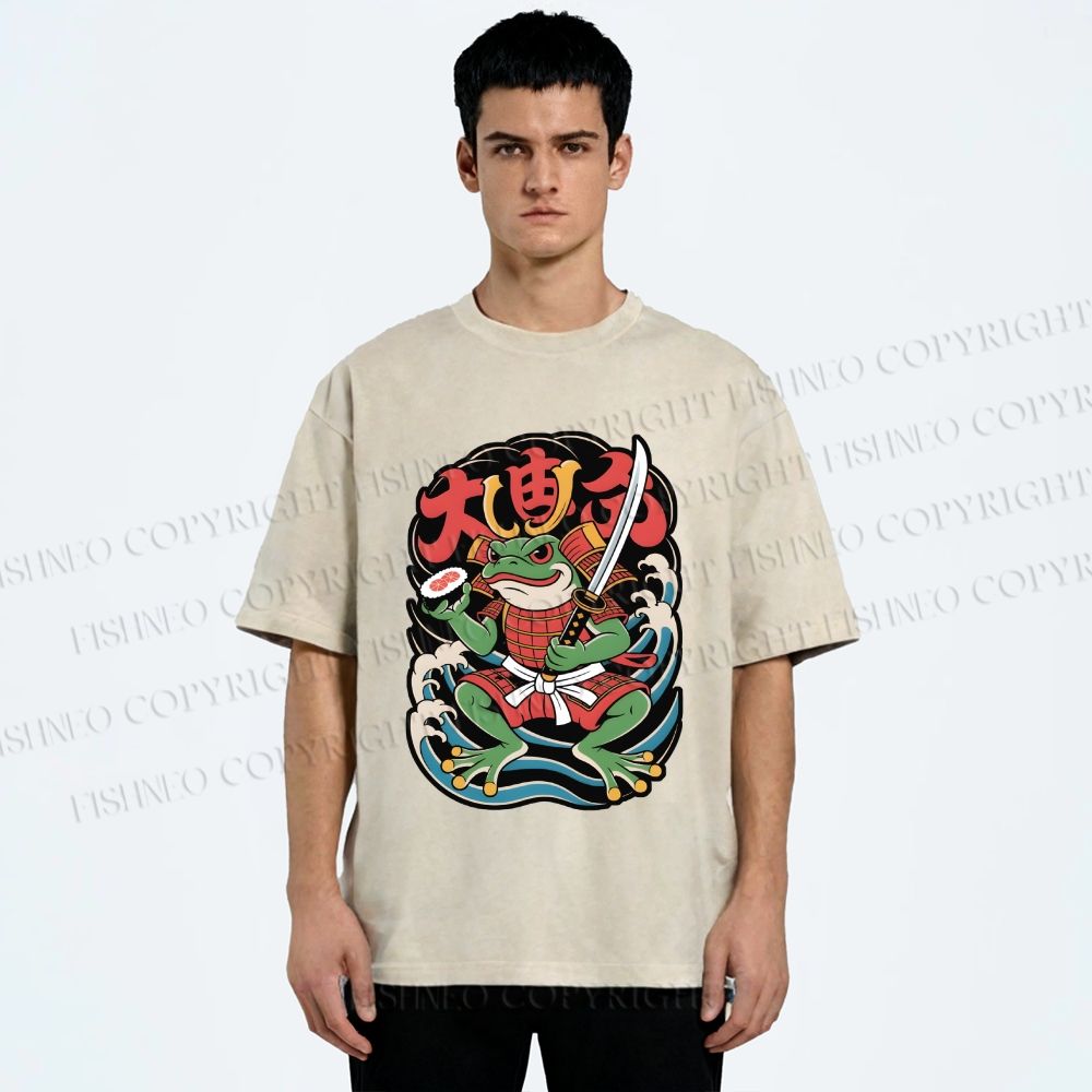 Unisex Vintage Frog Samurai Printed Washed Tee