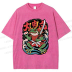 Unisex Vintage Frog Samurai Printed Washed Tee