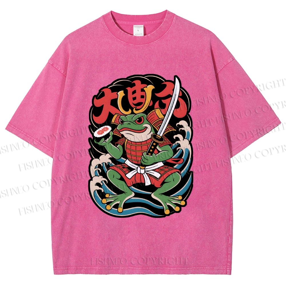 Unisex Vintage Frog Samurai Printed Washed Tee