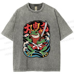 Unisex Vintage Frog Samurai Printed Washed Tee