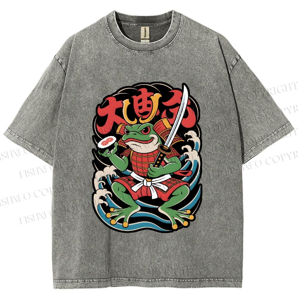 Unisex Vintage Frog Samurai Printed Washed Tee
