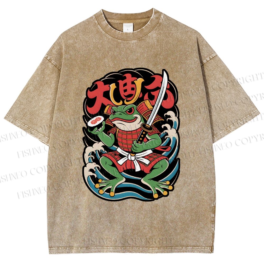 Unisex Vintage Frog Samurai Printed Washed Tee