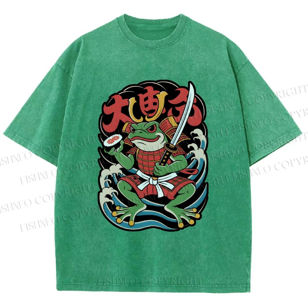 Unisex Vintage Frog Samurai Printed Washed Tee