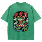 Unisex Vintage Frog Samurai Printed Washed Tee