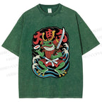 Unisex Vintage Frog Samurai Printed Washed Tee