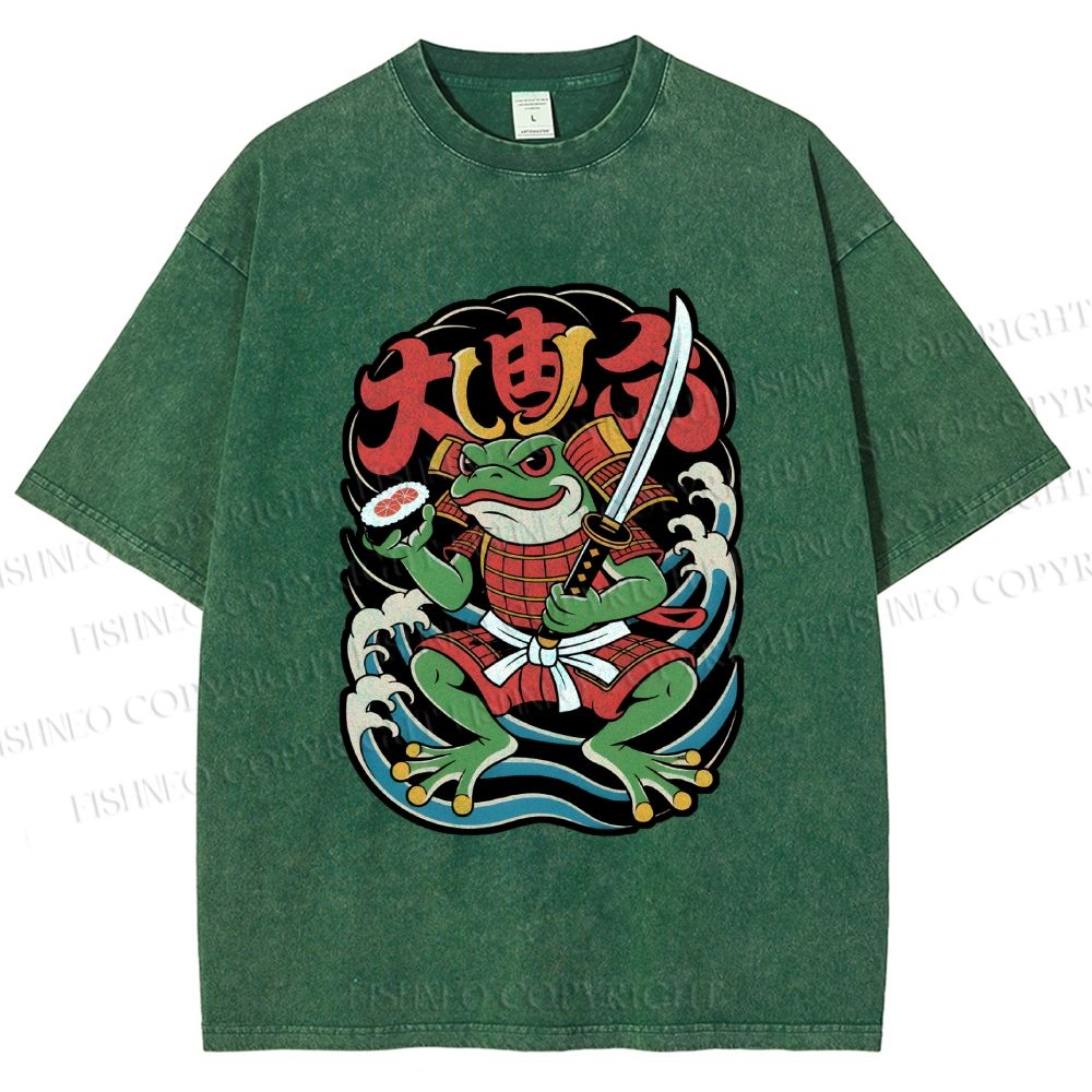 Unisex Vintage Frog Samurai Printed Washed Tee