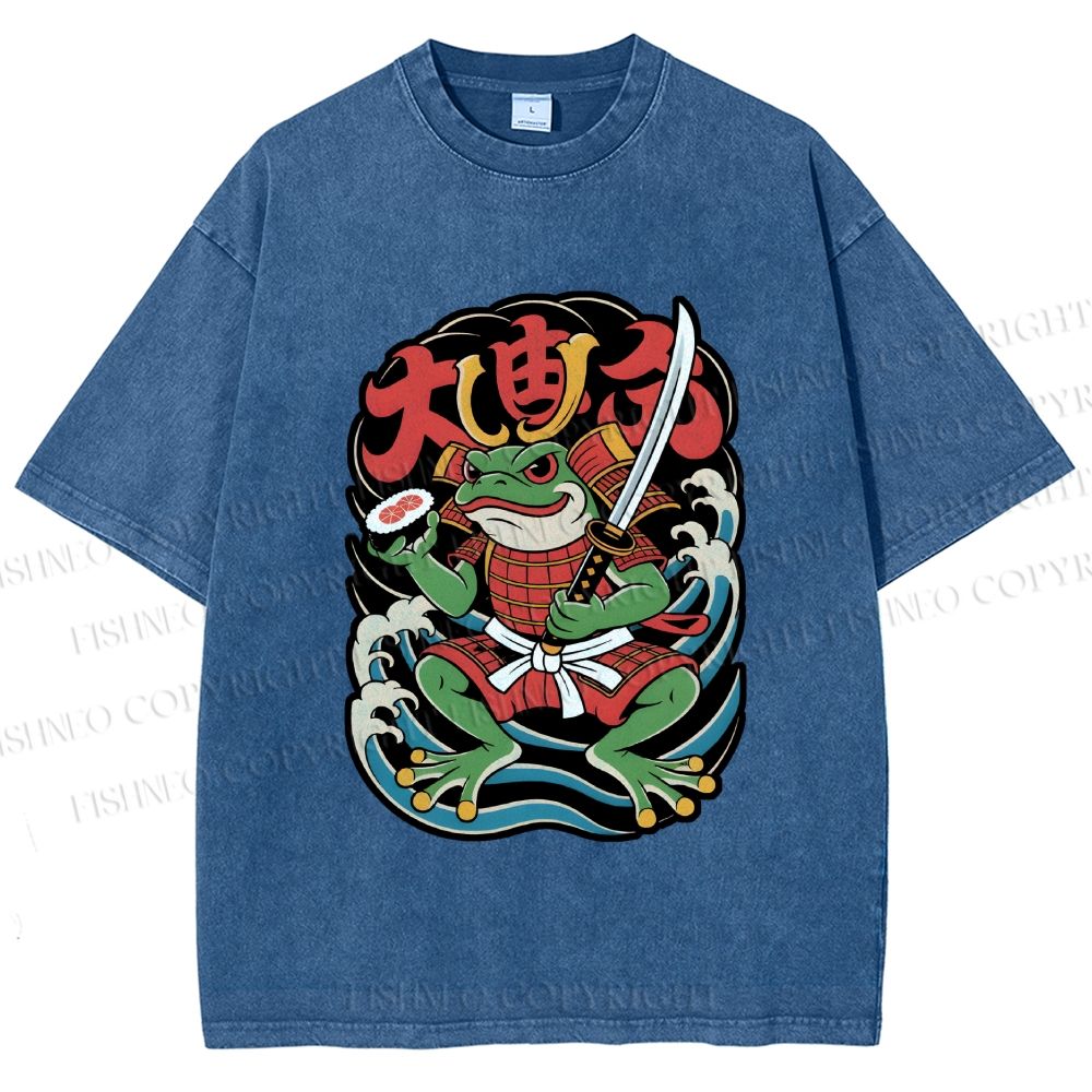 Unisex Vintage Frog Samurai Printed Washed Tee