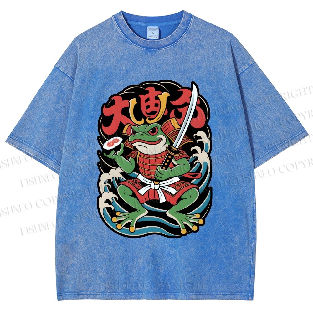 Unisex Vintage Frog Samurai Printed Washed Tee