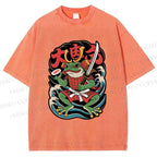 Unisex Vintage Frog Samurai Printed Washed Tee