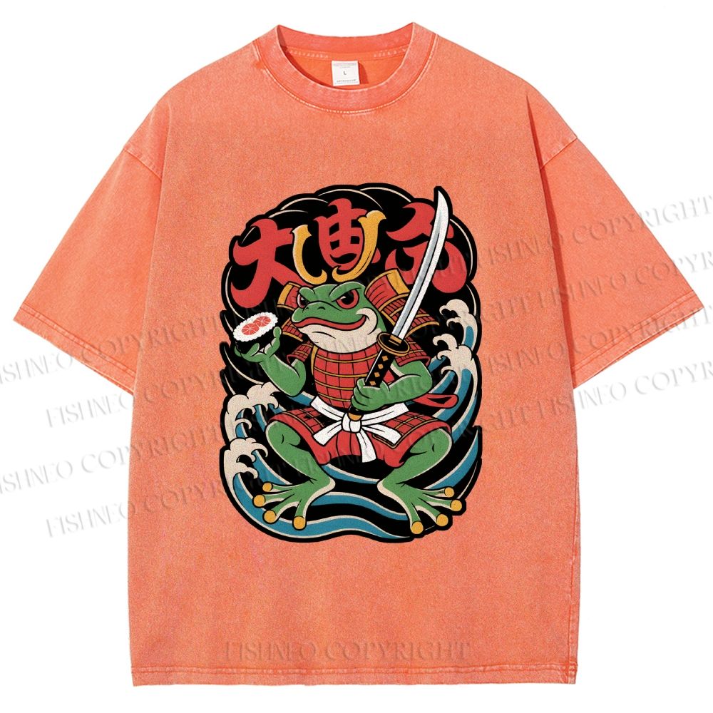Unisex Vintage Frog Samurai Printed Washed Tee