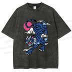 Unisex Vintage Blue Tiger With Pink Moon Printed Washed Tee