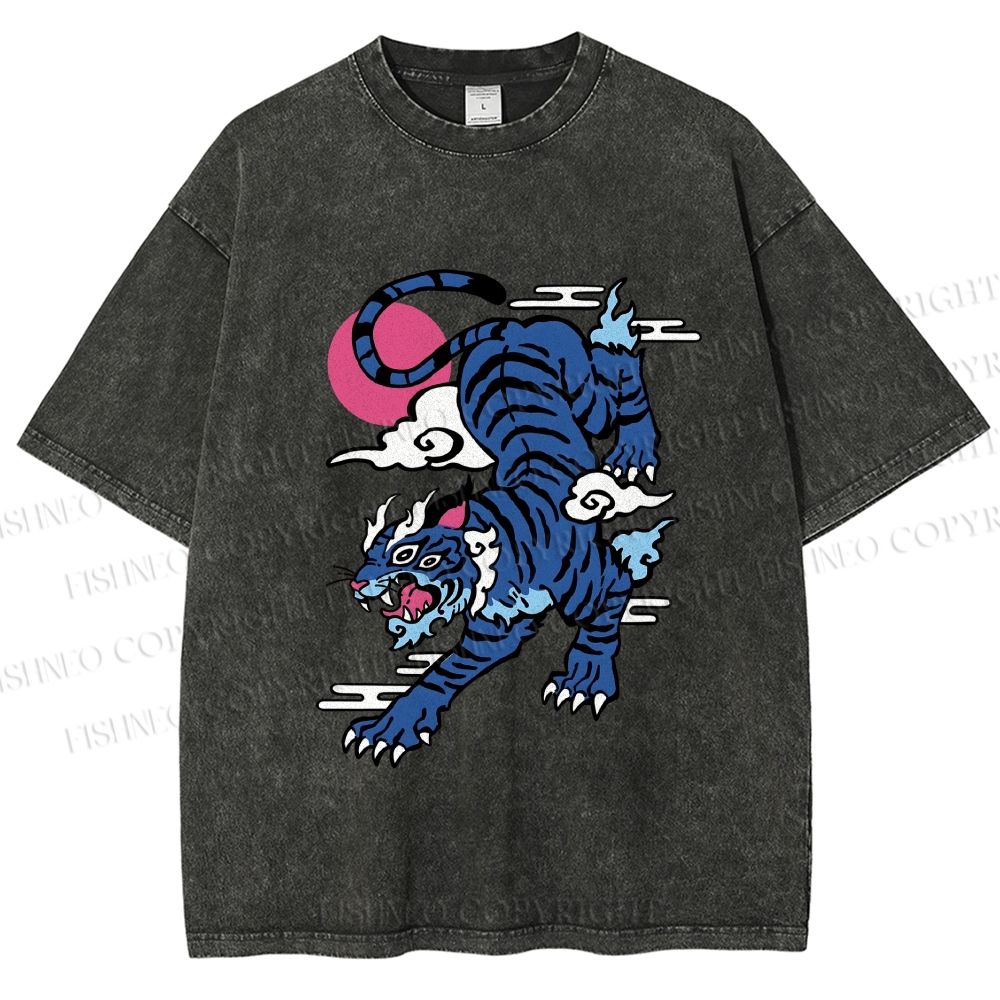 Unisex Vintage Blue Tiger With Pink Moon Printed Washed Tee