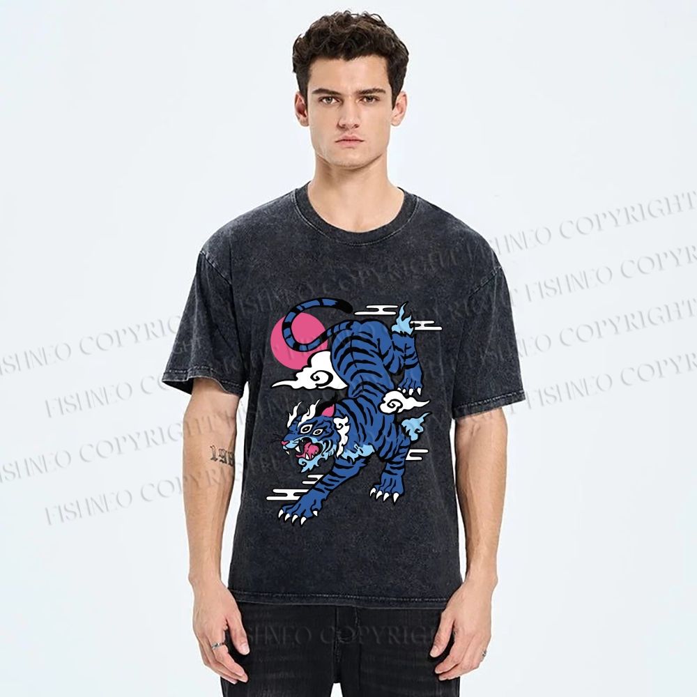 Unisex Vintage Blue Tiger With Pink Moon Printed Washed Tee