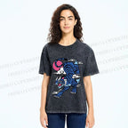 Unisex Vintage Blue Tiger With Pink Moon Printed Washed Tee
