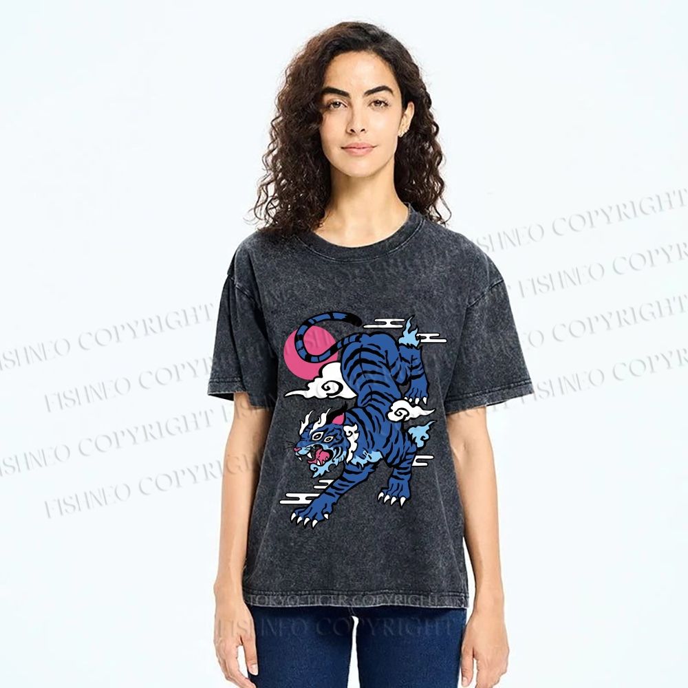 Unisex Vintage Blue Tiger With Pink Moon Printed Washed Tee