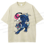 Unisex Vintage Blue Tiger With Pink Moon Printed Washed Tee