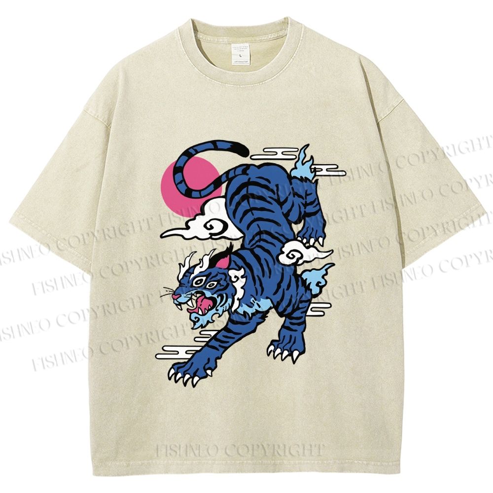 Unisex Vintage Blue Tiger With Pink Moon Printed Washed Tee