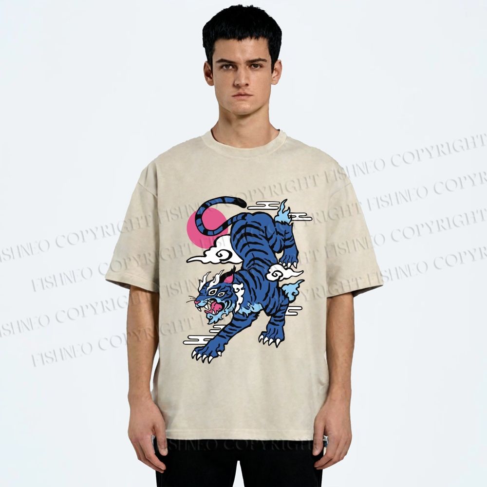 Unisex Vintage Blue Tiger With Pink Moon Printed Washed Tee