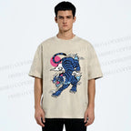 Unisex Vintage Blue Tiger With Pink Moon Printed Washed Tee