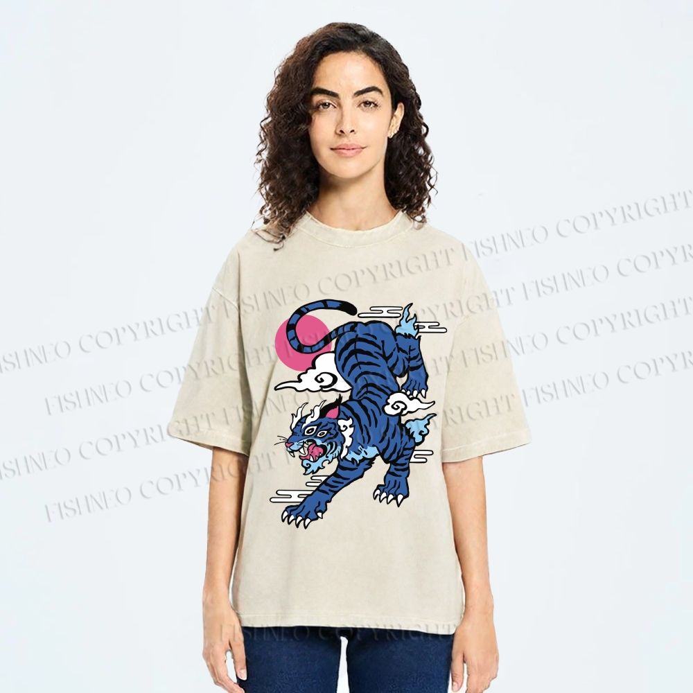 Unisex Vintage Blue Tiger With Pink Moon Printed Washed Tee