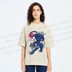 Unisex Vintage Blue Tiger With Pink Moon Printed Washed Tee