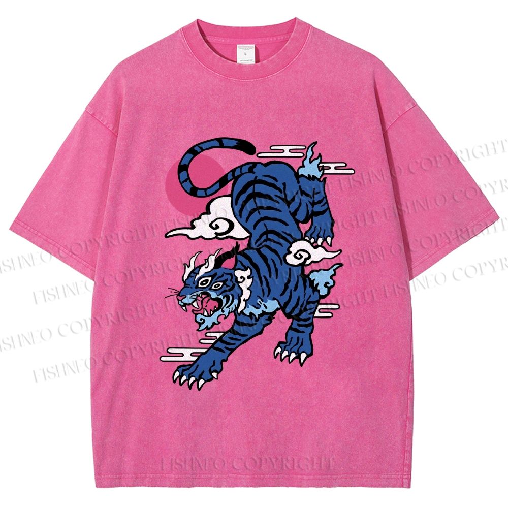 Unisex Vintage Blue Tiger With Pink Moon Printed Washed Tee