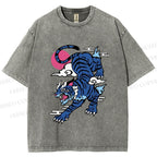 Unisex Vintage Blue Tiger With Pink Moon Printed Washed Tee