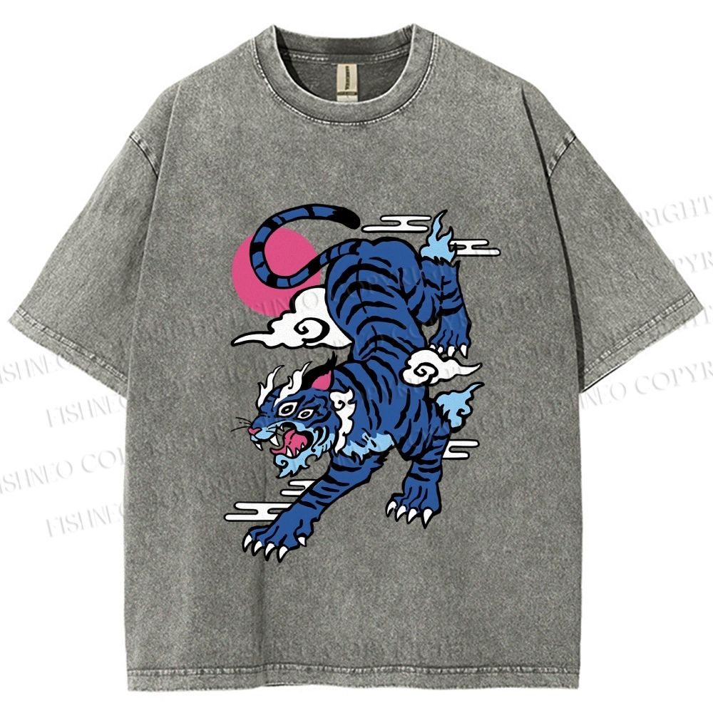 Unisex Vintage Blue Tiger With Pink Moon Printed Washed Tee