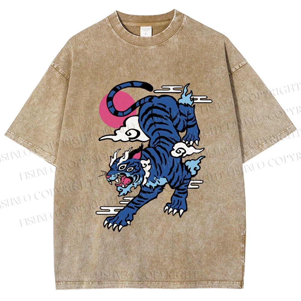Unisex Vintage Blue Tiger With Pink Moon Printed Washed Tee