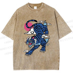 Unisex Vintage Blue Tiger With Pink Moon Printed Washed Tee