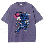 Unisex Vintage Blue Tiger With Pink Moon Printed Washed Tee