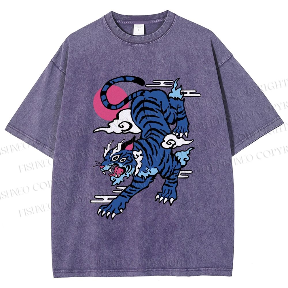 Unisex Vintage Blue Tiger With Pink Moon Printed Washed Tee