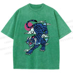 Unisex Vintage Blue Tiger With Pink Moon Printed Washed Tee