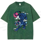 Unisex Vintage Blue Tiger With Pink Moon Printed Washed Tee