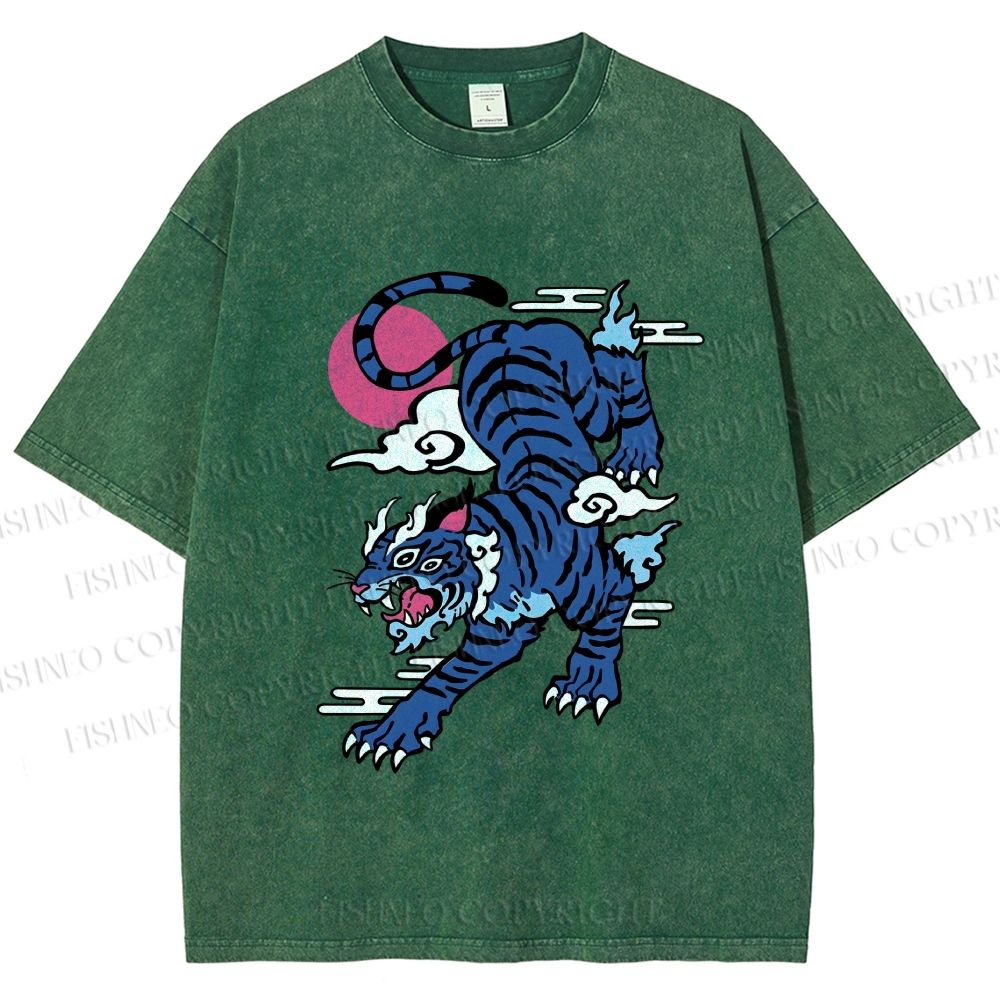 Unisex Vintage Blue Tiger With Pink Moon Printed Washed Tee