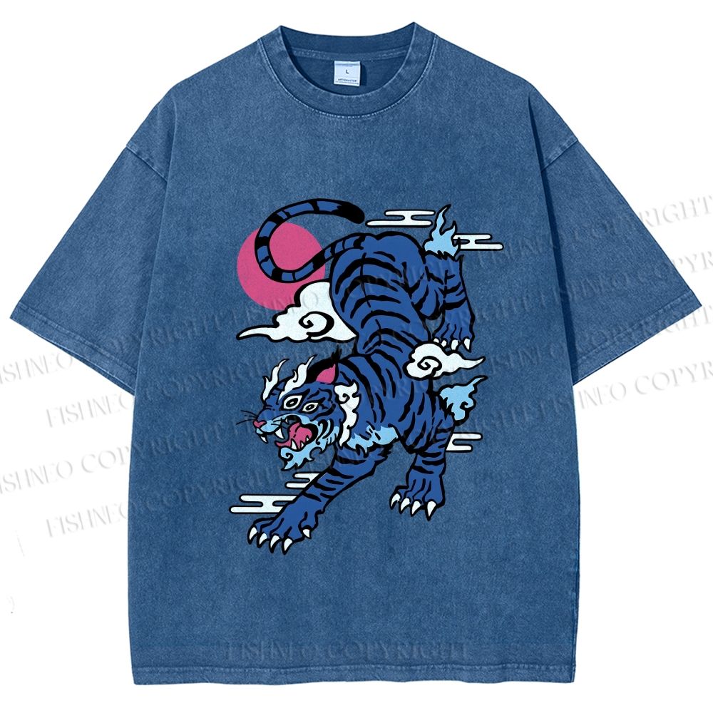 Unisex Vintage Blue Tiger With Pink Moon Printed Washed Tee
