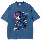 Unisex Vintage Blue Tiger With Pink Moon Printed Washed Tee