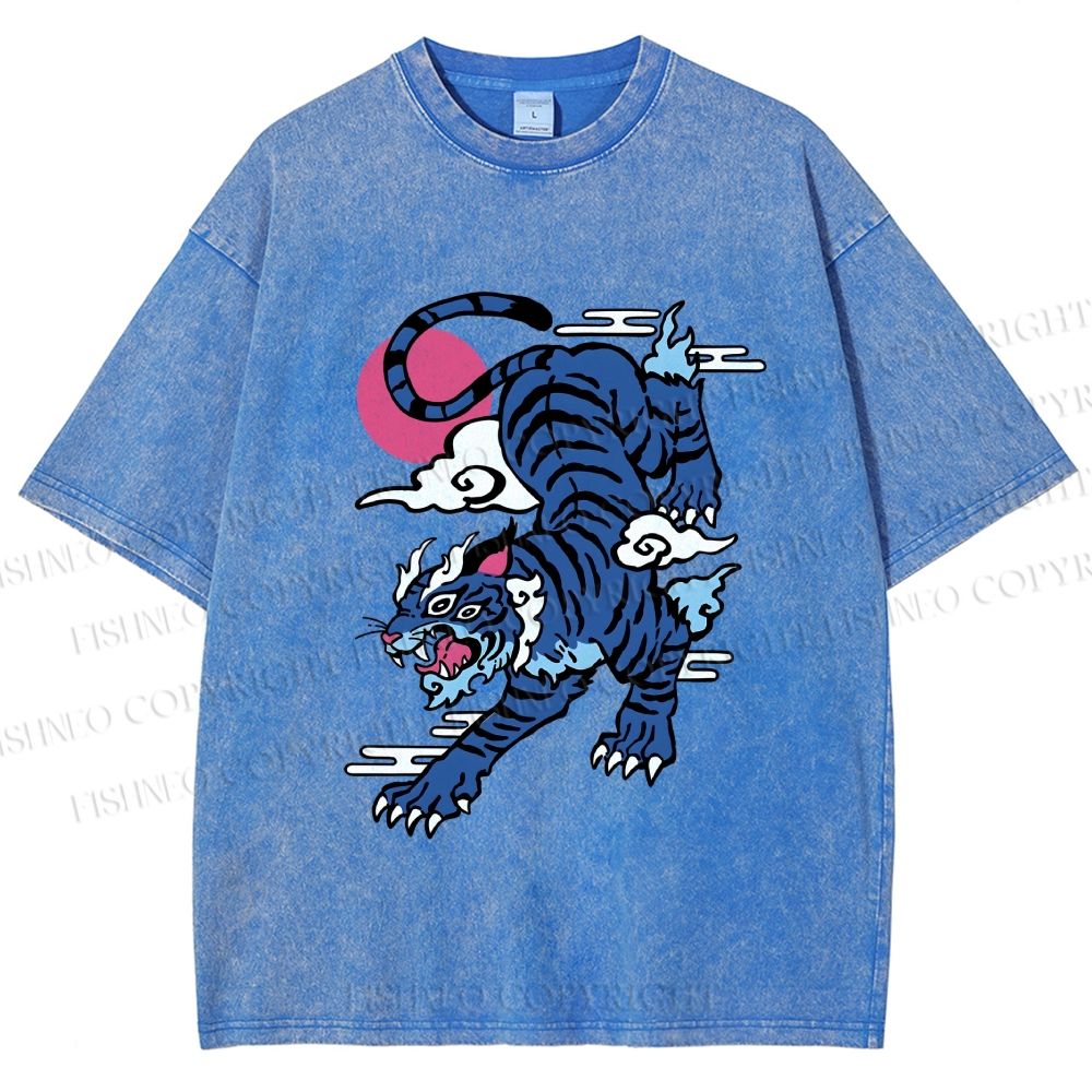 Unisex Vintage Blue Tiger With Pink Moon Printed Washed Tee