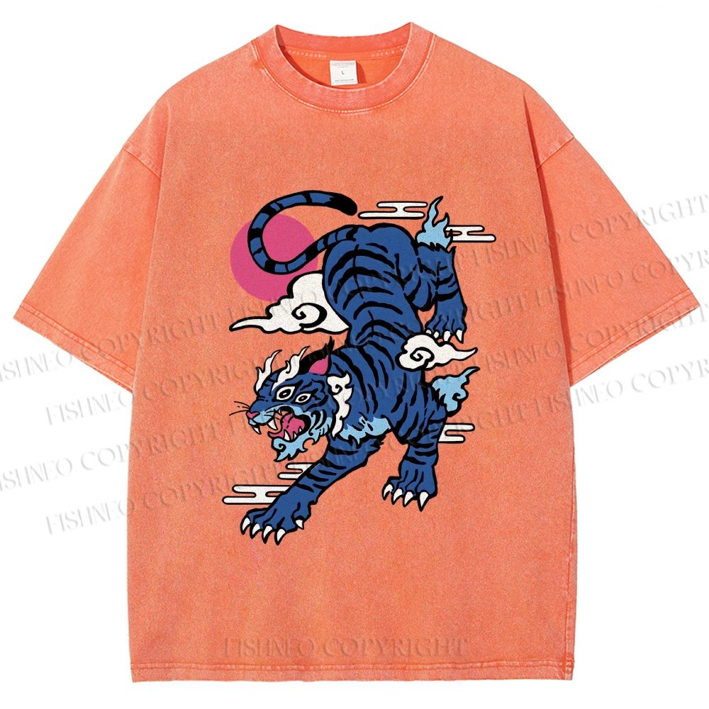 Unisex Vintage Blue Tiger With Pink Moon Printed Washed Tee