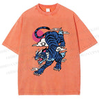 Unisex Vintage Blue Tiger With Pink Moon Printed Washed Tee