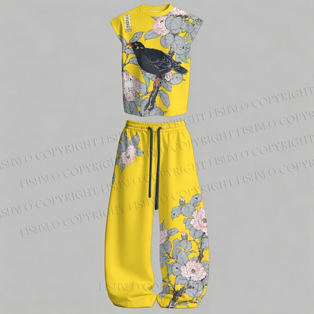 Vintage Bird in Flowers Tank top  & Elasticated Trousers Two-Piece Set